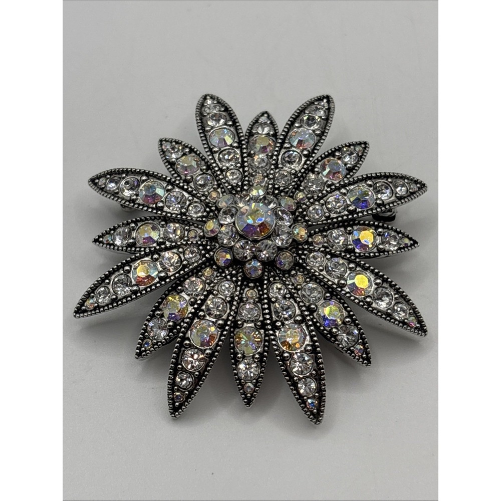 Vintage Joan Rivers Starburst Flower Brooch Silver Clear Crystals